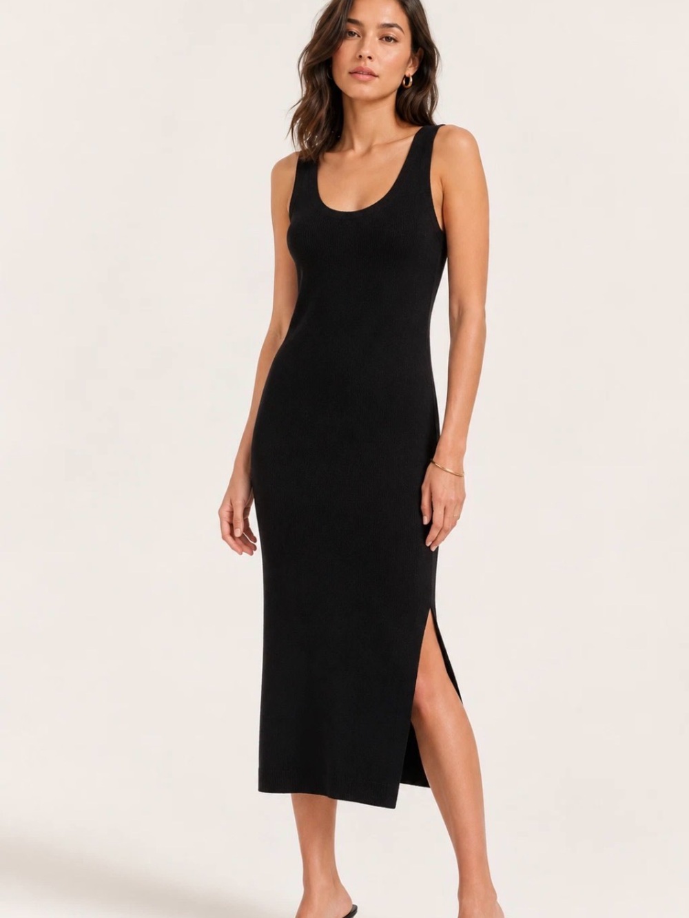 NAADAM Black Sleeveless Ribbed Midi Dress with Both Sides Slit Silk/Cashmere. V3